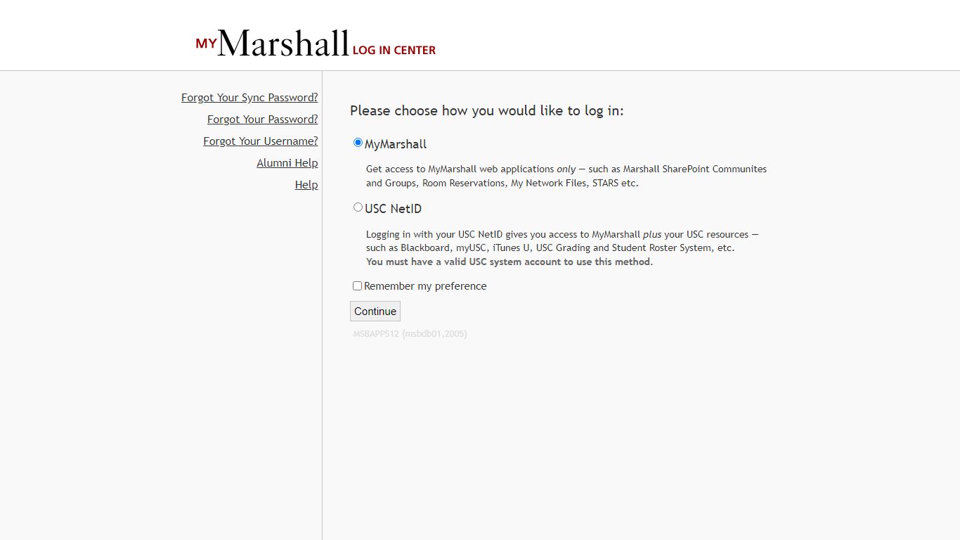 MyMarshall Dashboard Log In Center